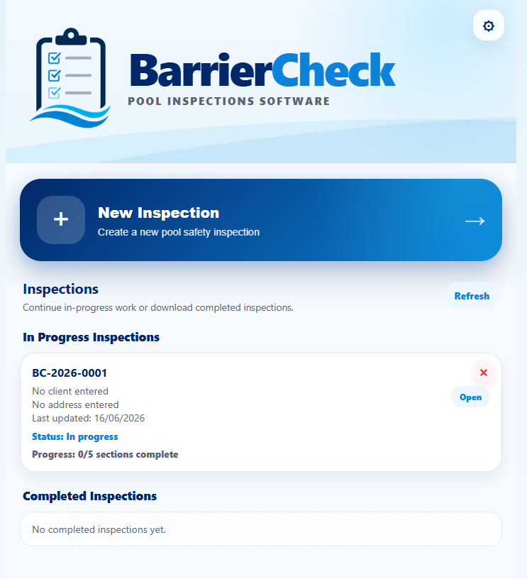 BarrierCheck inspection software home screen